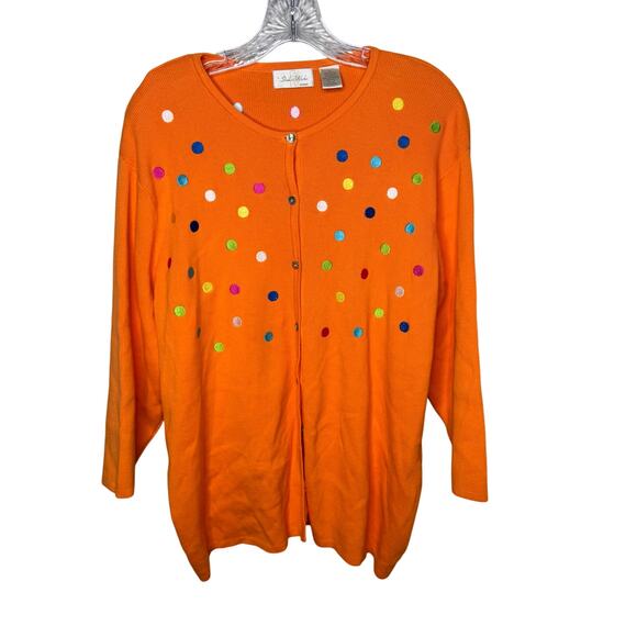 Studio Works Woman 1X Orange Polka Dot Embroidered Cardigan Sweater 100% Cotton - Picture 1 of 7